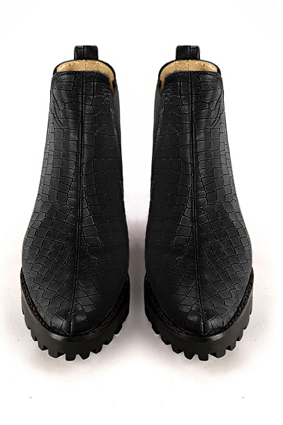 Satin black women's ankle boots, with elastics. Round toe. Low rubber soles. Top view - Florence KOOIJMAN
